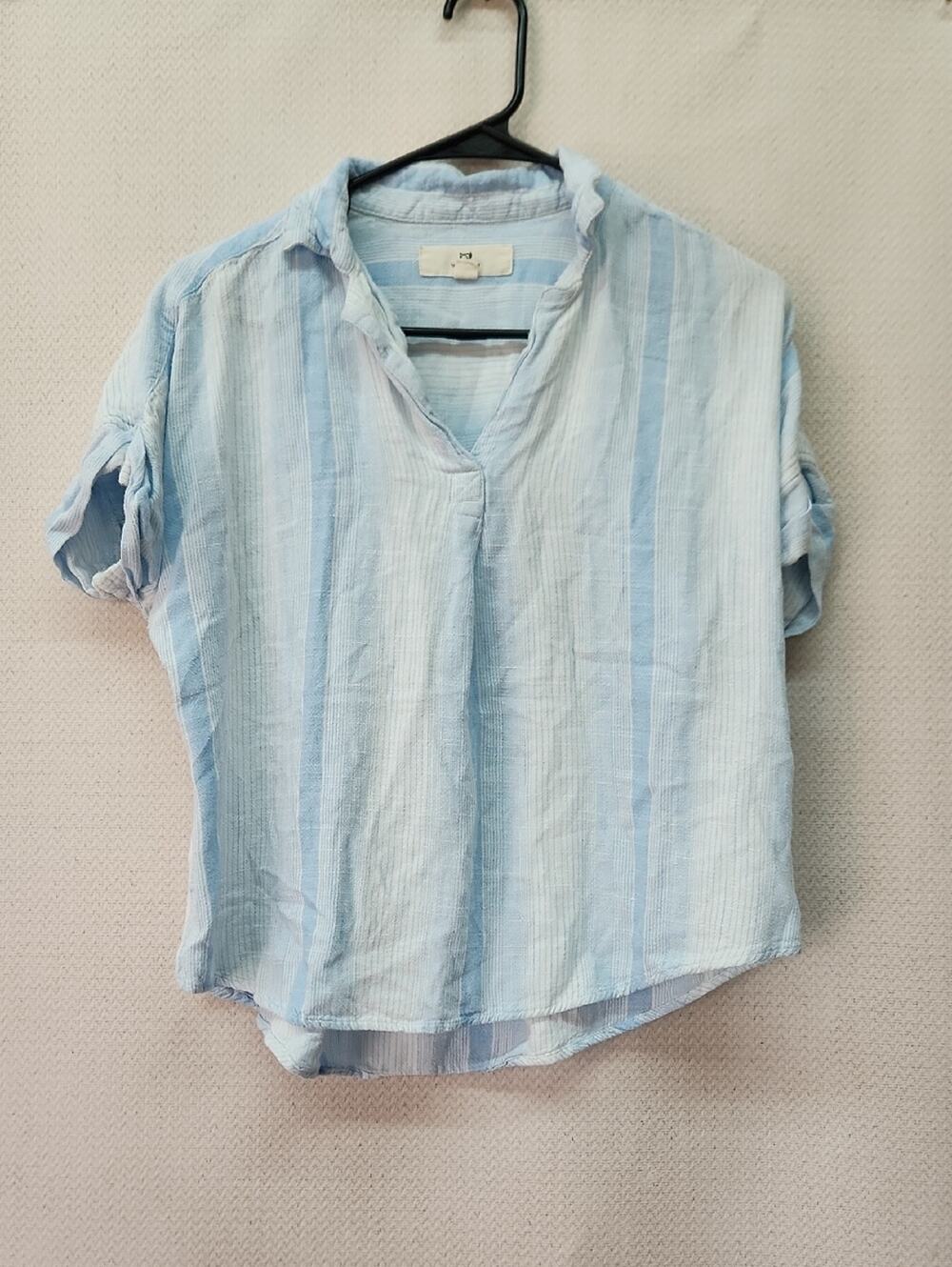 Thread & Supply Light Blue and White Striped V-Neck Cotton Blouse